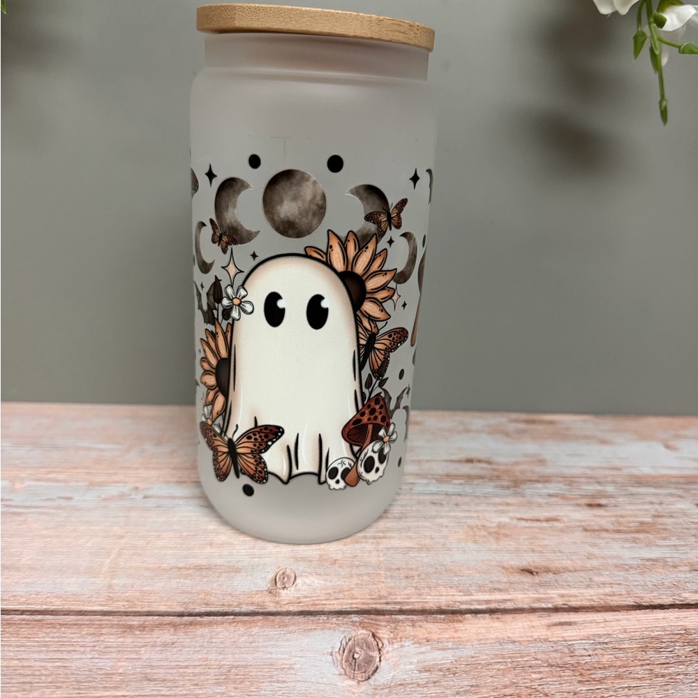 Frosted Glass Jar with Ghost and Butterfly Design